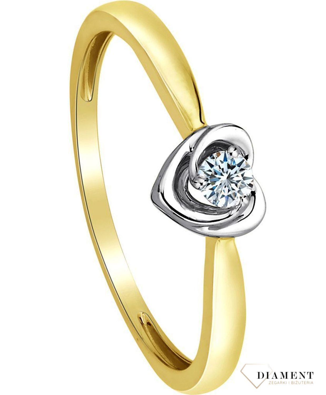 Pierścionek złoty DIAMENT żółte i białe złoto, diament, serce R-3663 X. Złoto i brylanty to wyjątkowe połączenie, które kobiety wprost uwielbiają.  R3663Y-008ct.jpg